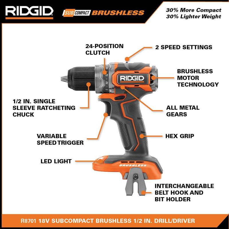 Kit combo RIDGID 18V SubCompact Brushless inalámbrico de 4 herramientas con batería de 2.0 Ah, batería de 4.0 Ah, cargador y bolsa - R96260
