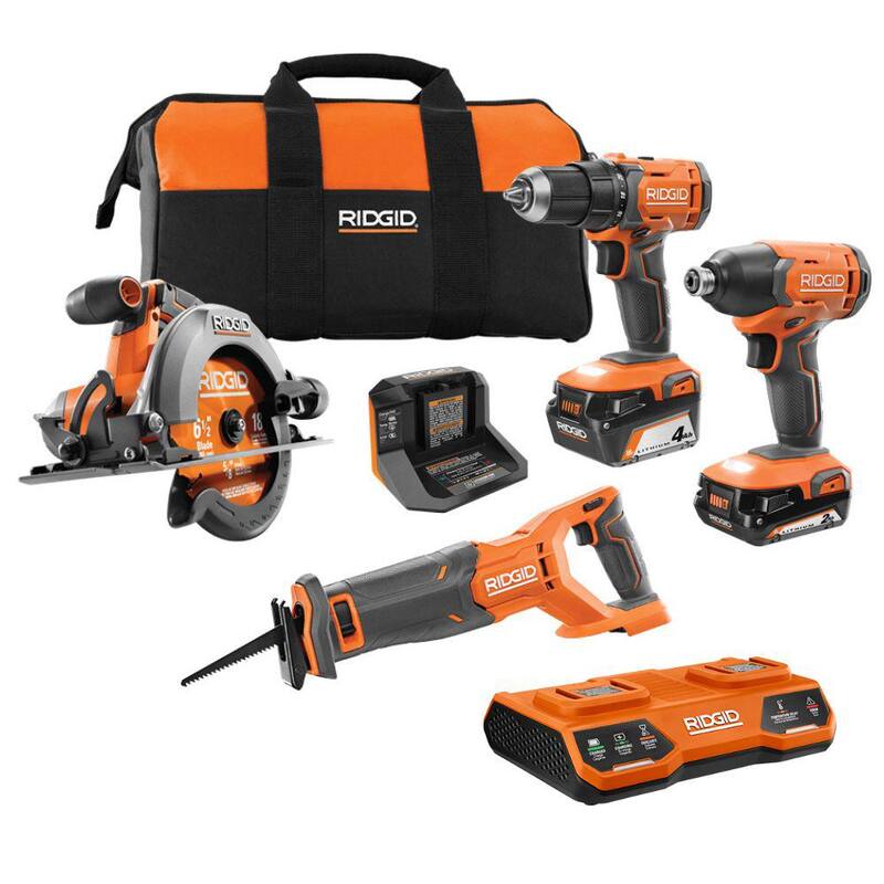Juego de combinación de 4 herramientas inalámbricas de 18V RIDGID con batería de 4.0 Ah, batería de 2.0 Ah, cargador, bolsa y cargador simultáneo de doble puerto de 18V - R96256-AC86095