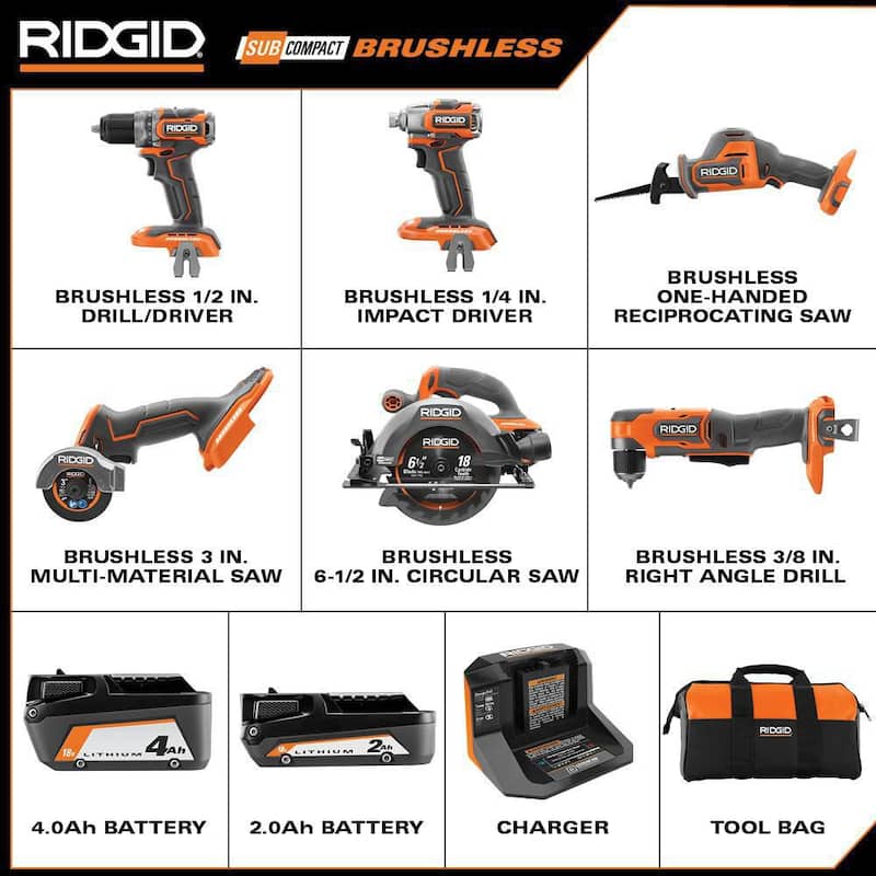 Juego de herramientas inalámbrico brushless RIDGID 18V SubCompact de 6 piezas con batería de 2.0 Ah, batería de 4.0 Ah, cargador y bolsa - R96261