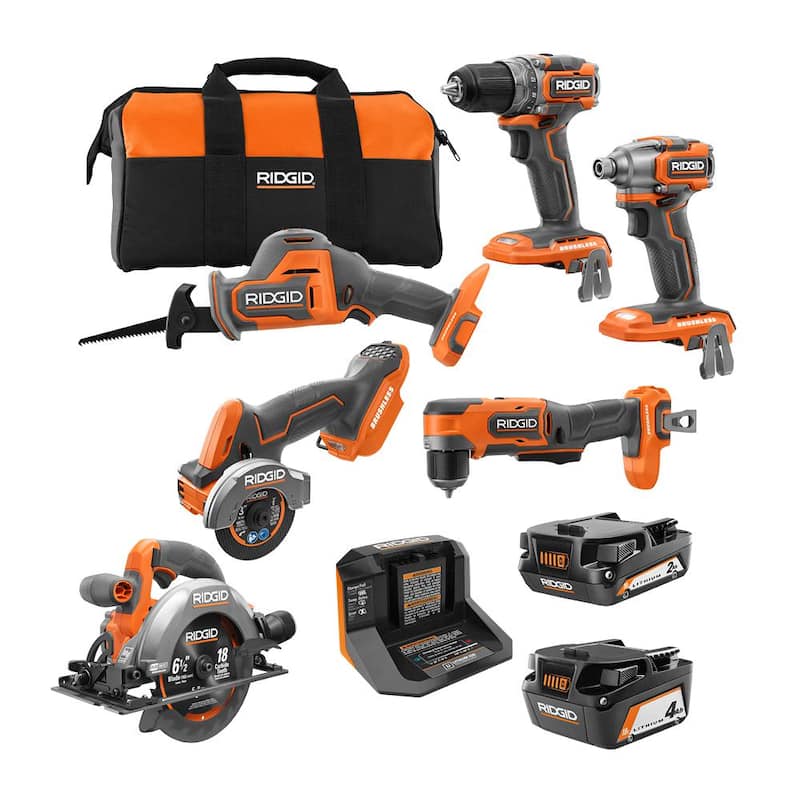 Juego de herramientas inalámbrico brushless RIDGID 18V SubCompact de 6 piezas con batería de 2.0 Ah, batería de 4.0 Ah, cargador y bolsa - R96261