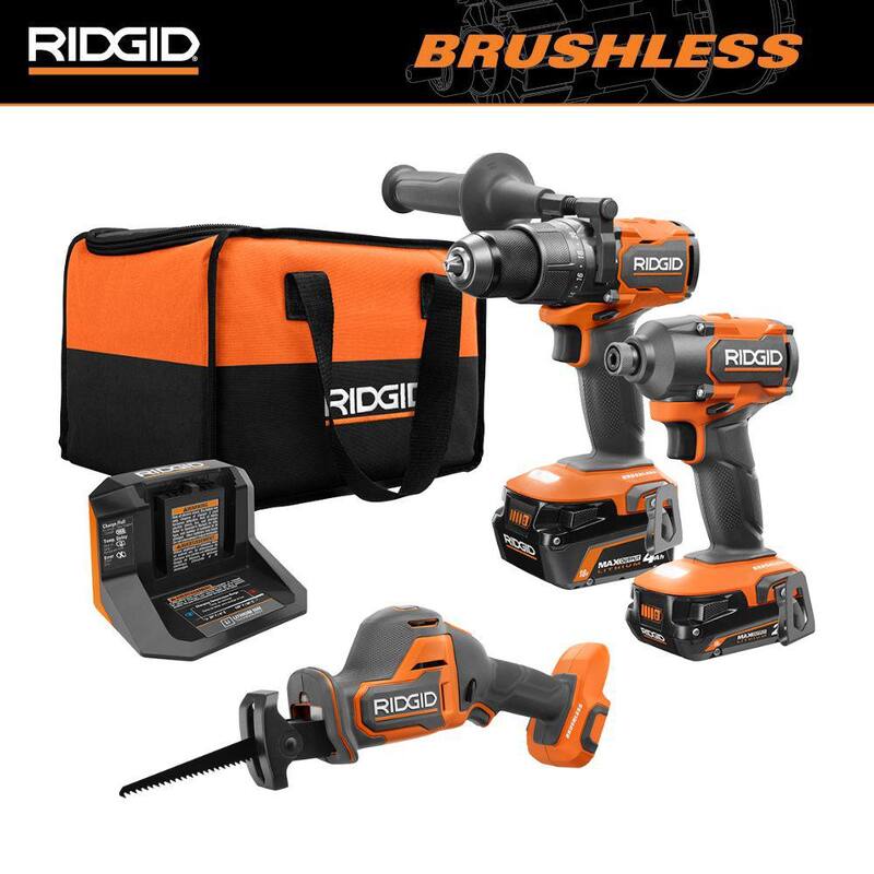 Kit combo de 2 herramientas inalámbricas sin escobillas de 18V de RIDGID con taladro martillo, impacto, sierra recíproca, baterías, cargador y bolsa - R9208-R8648B