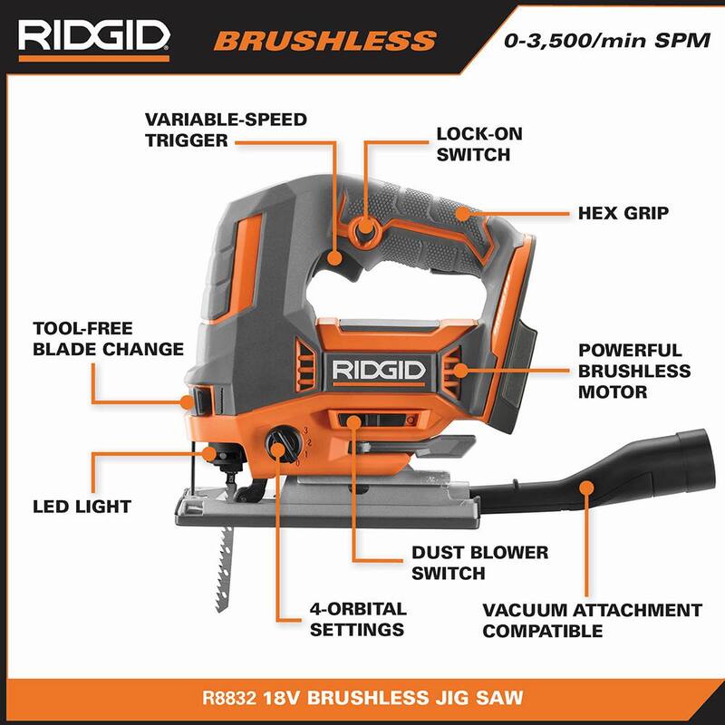 Juego combinado de herramientas inalámbricas para carpintería RIDGID de 18V con 3 herramientas, (2) baterías de 2.0 Ah y cargador - R92162SB4N
