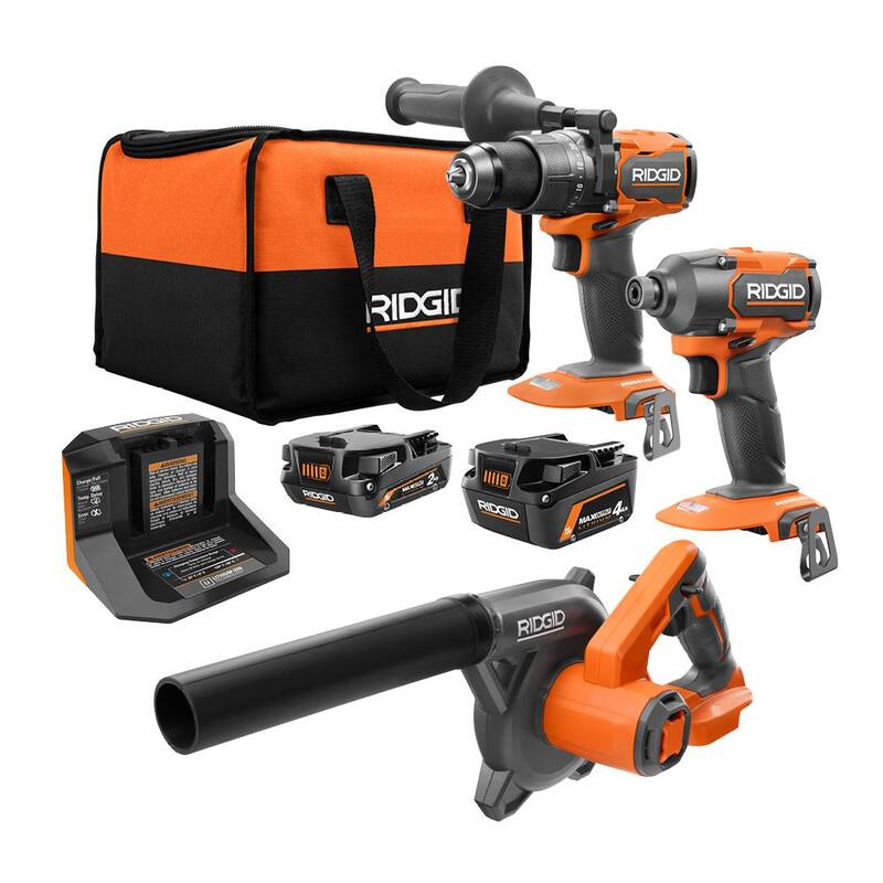 Kit de combinación de 3 herramientas inalámbricas sin escobillas de 18V RIDGID con taladro martillo, destornillador de impacto, soplador compacto para sitio de trabajo, baterías, cargador y bolsa - R9208-R86043B