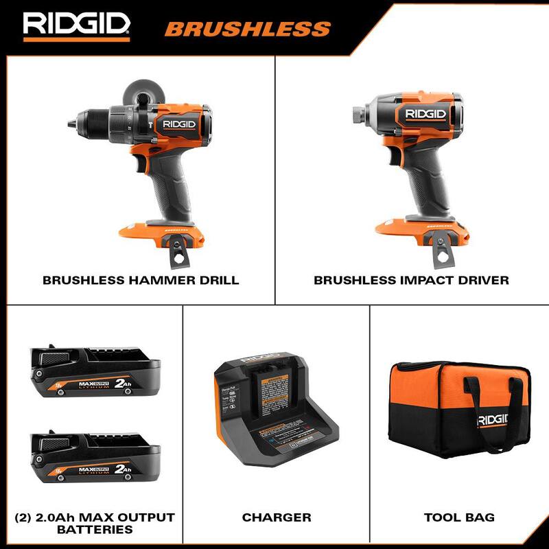 Juego de herramientas combo inalámbricas sin escobillas RIDGID de 18V con taladro / destornillador, atornillador de impacto, (2) baterías, cargador de 18V y bolsa de herramientas - R9209