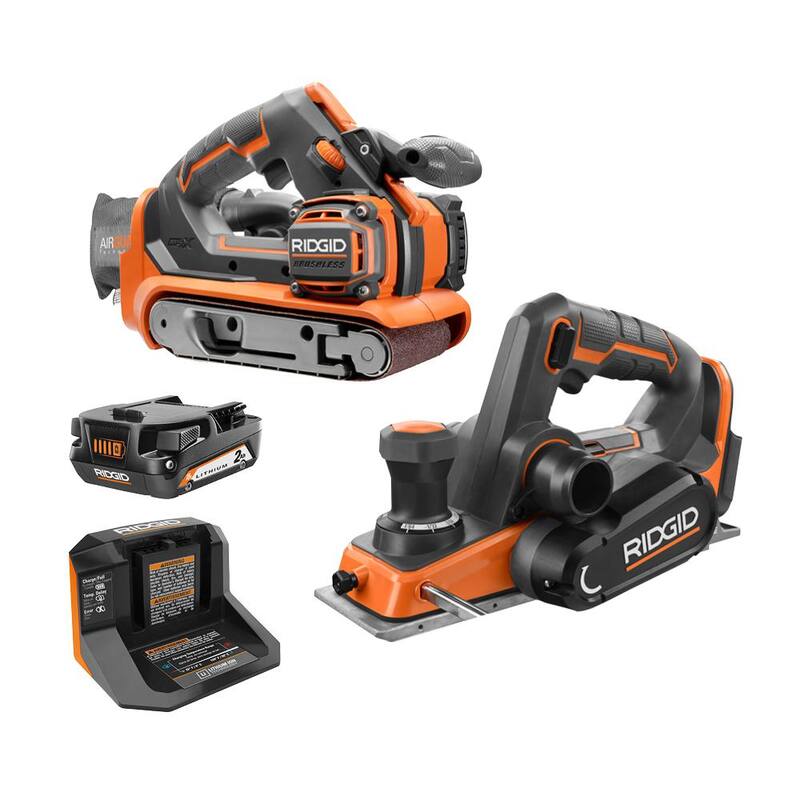 Lijadora de banda inalámbrica sin escobillas RIDGID 18V de 3 pulgadas x 18 pulgadas con kit de batería de 2.0 Ah y cargador con cepillo manual de 3-1/4 pulgadas con bolsa para polvo - R86065KSBN-R8481B