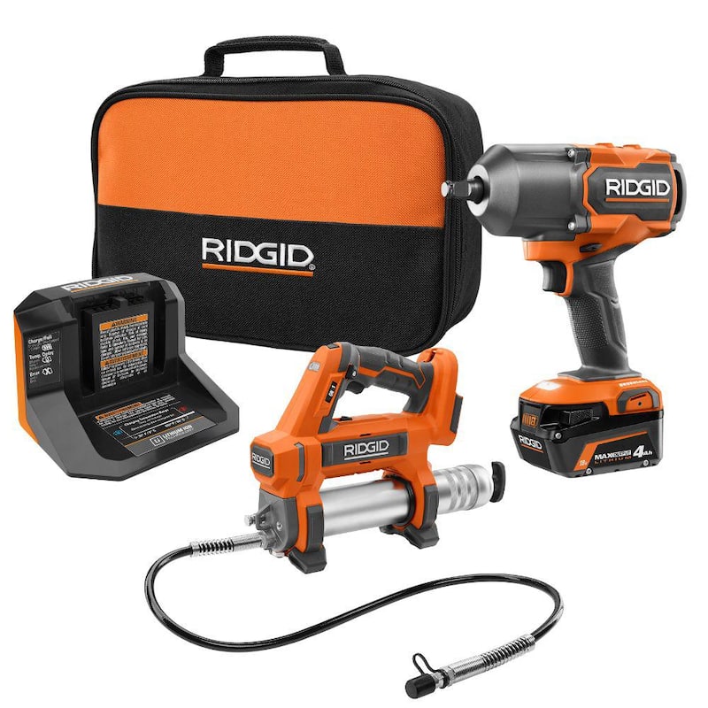 Juego combinado de 2 herramientas inalámbricas RIDGID 18V Brushless con llave de impacto de alto torque, pistola de grasa, batería de 4.0 Ah y cargador - R86212KN-R860445B