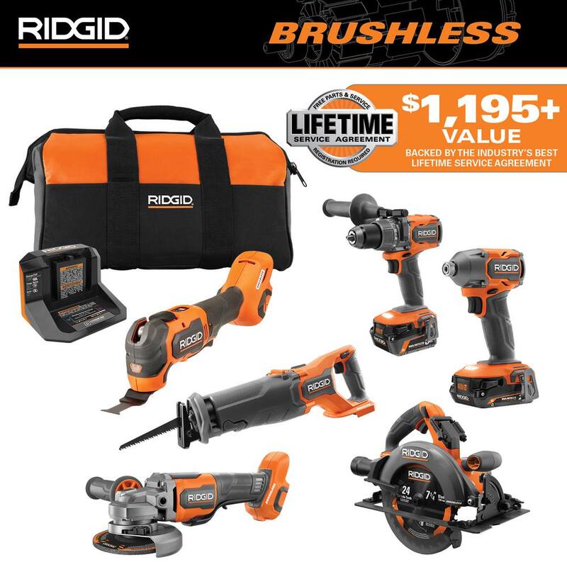Kit combo inalámbrico RIDGID 18V sin escobillas de 6 herramientas con baterías de salida máxima de 6.0 Ah y 2.0 Ah y cargador - R96266