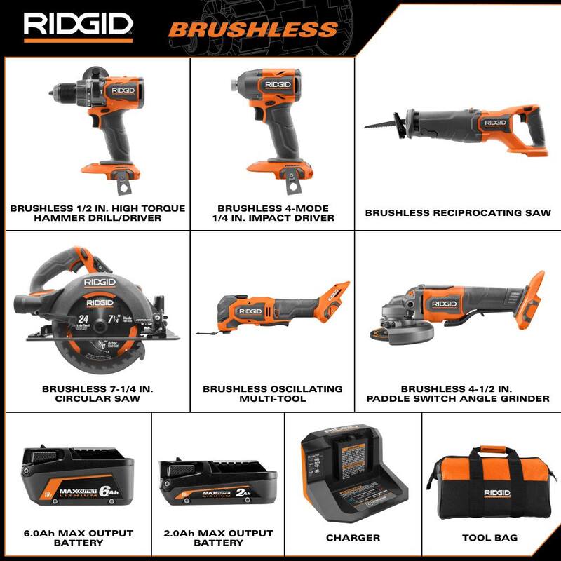 Kit combo inalámbrico RIDGID 18V sin escobillas de 6 herramientas con baterías de salida máxima de 6.0 Ah y 2.0 Ah y cargador - R96266