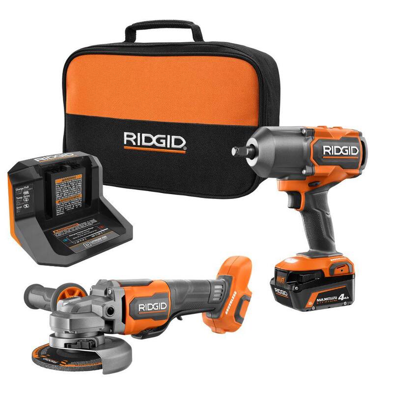 Kit combinado inalámbrico RIDGID 18V Brushless de 2 herramientas con llave de impacto de alto torque, amoladora angular, batería de 4.0 Ah y cargador - R86212KN-R86047B