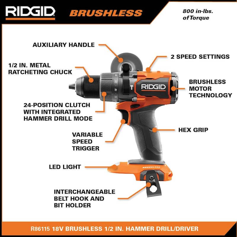 Kit combo inalámbrico Brushless de 18V de RIDGID con 3 herramientas: taladro martillo, atornillador de impacto, inflador digital, baterías, cargador y mochila - R9208-R87044.
