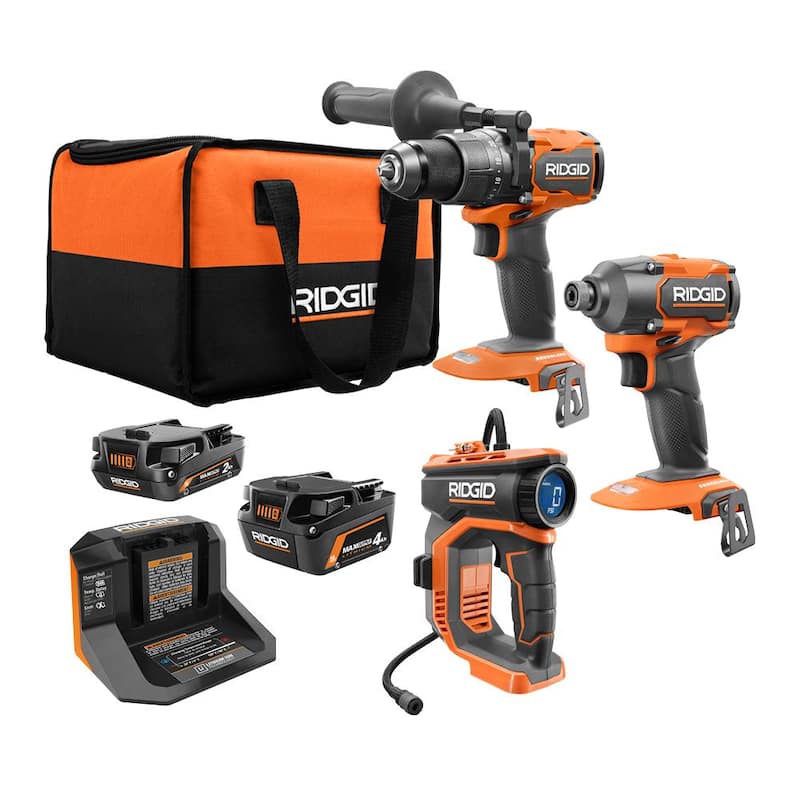 Kit combo inalámbrico Brushless de 18V de RIDGID con 3 herramientas: taladro martillo, atornillador de impacto, inflador digital, baterías, cargador y mochila - R9208-R87044.