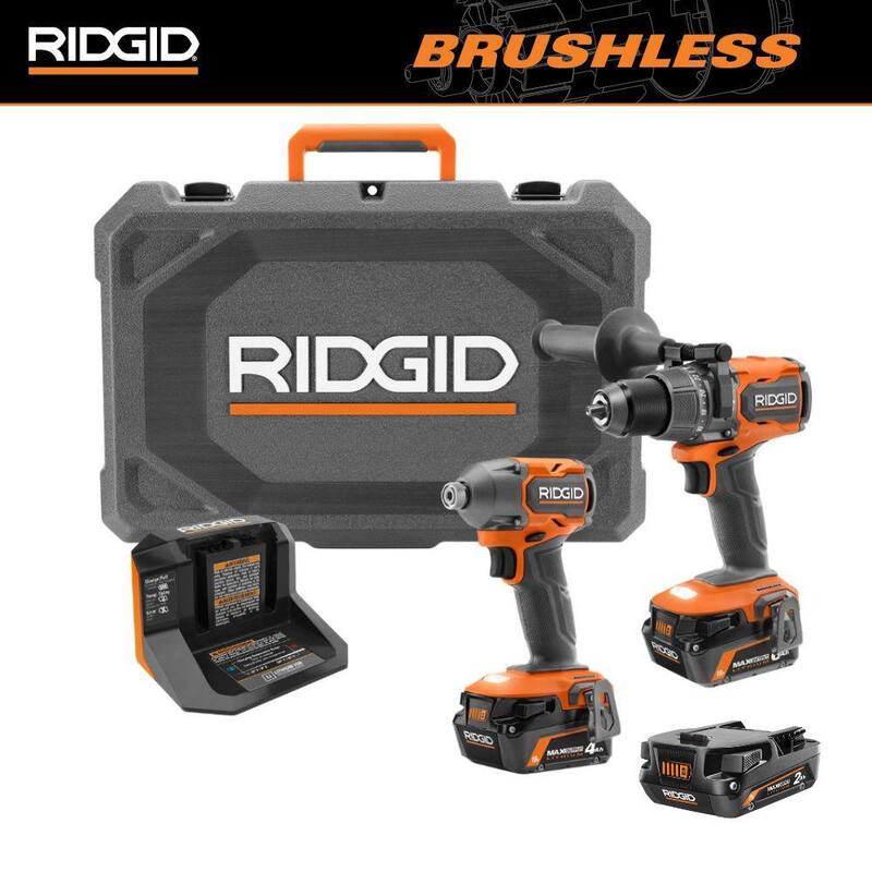 Juego de Combo de 2 Herramientas Inalámbricas con Motor Sin Escobillas RIDGID de 18V con Baterías de Salida Máxima de 6.0Ah y 4.0Ah, Cargador y Batería de 2.0Ah - R92082-AC840020