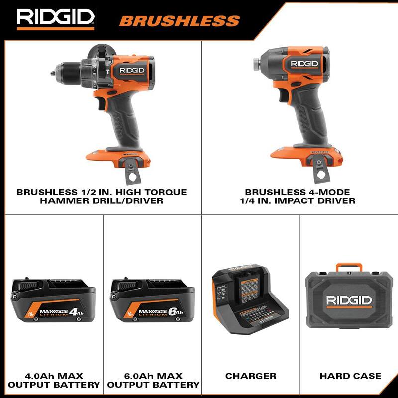 Juego de Combo de 2 Herramientas Inalámbricas con Motor Sin Escobillas RIDGID de 18V con Baterías de Salida Máxima de 6.0Ah y 4.0Ah, Cargador y Batería de 2.0Ah - R92082-AC840020
