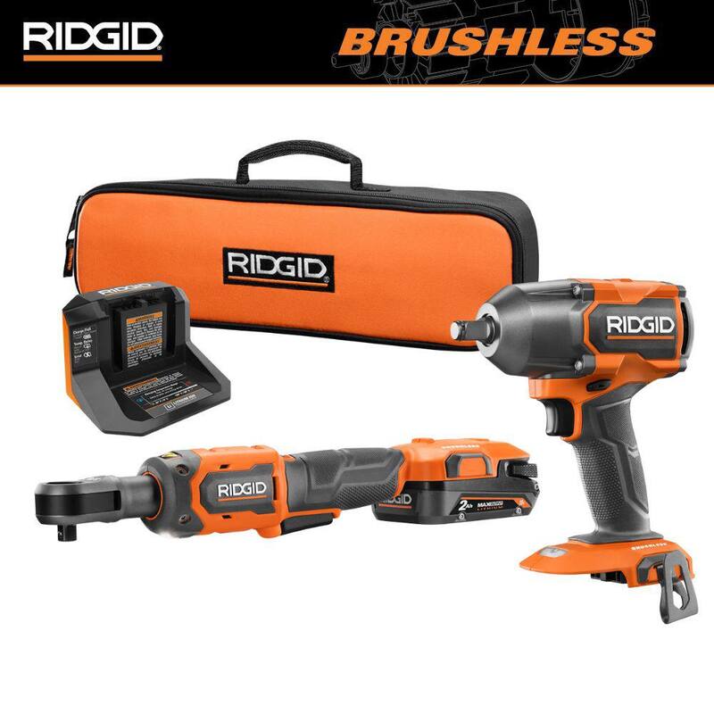 Juego de Combo de 2 Herramientas Inalámbricas Brushless de 18V RIDGID con Llave de Impacto de Medio Torque de 1/2 pulgada, Ratchet de 3/8 pulgadas, Batería de 2.0 Ah y Cargador - R86012B-R866011K
