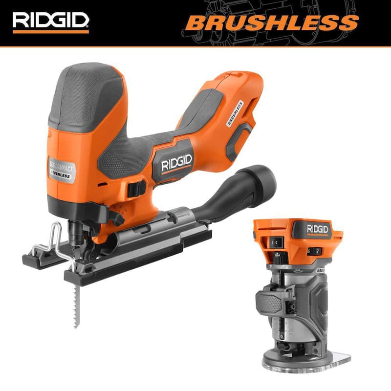 RIDGID 18V Kit de Combo Inalámbrico sin Escobillas de 2 Herramientas con Sierra de Calar SubCompacta con Agarre de Barril y Router Compacto (Sólo Herramientas) - R86346B-R860444B
