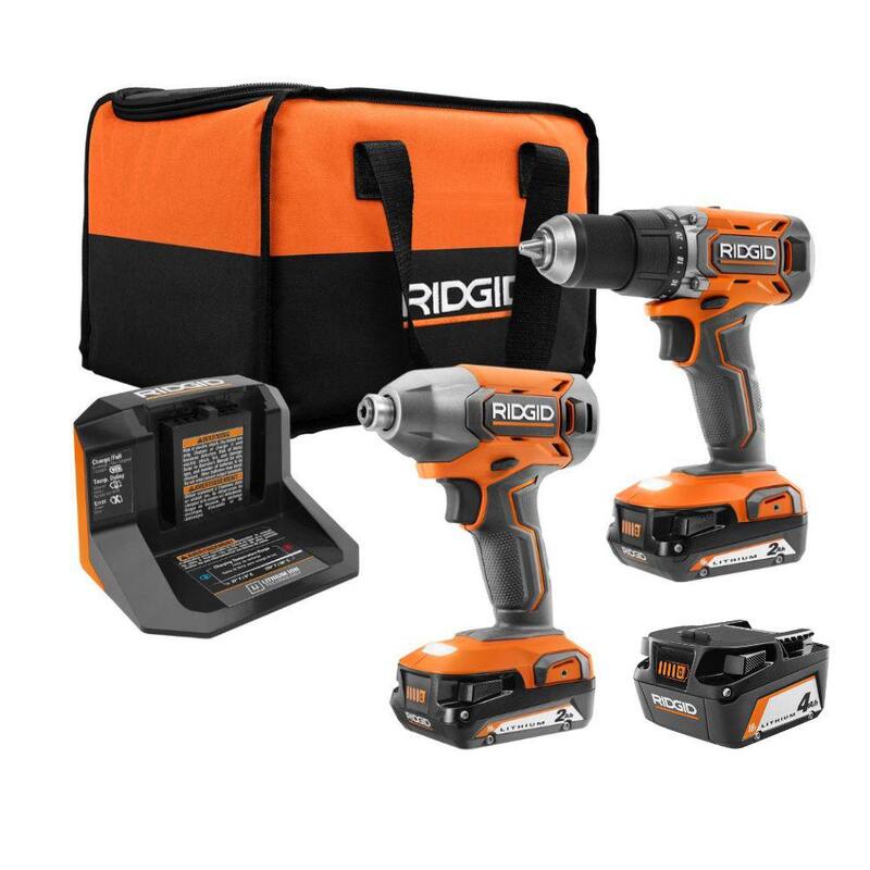 Juego de 2 herramientas inalámbricas RIDGID de 18V con taladro/destornillador de 1/2 pulgadas, destornillador de impacto de 1/4 de pulgada, (3) baterías, cargador y estuche - R92721-AC87004