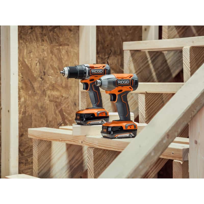 Juego de 2 herramientas inalámbricas RIDGID de 18V con taladro/destornillador de 1/2 pulgadas, destornillador de impacto de 1/4 de pulgada, (3) baterías, cargador y estuche - R92721-AC87004