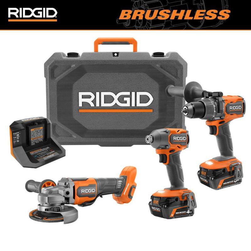 Juego de combo de 2 herramientas RIDGID 18V Brushless con baterías de salida máxima de 6.0 Ah y 4.0 Ah, cargador, estuche resistente y esmeriladora angular de 4-1/2 in. - R92082-R86047B