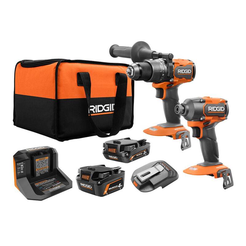 Juego de herramientas inalámbricas RIDGID de 18V sin escobillas con taladro percutor, destornillador de impacto, fuente de alimentación portátil, baterías, cargador y bolsa - R9208-AC86072B