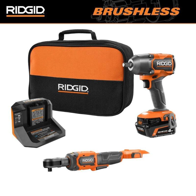 Juego de Combo de 2 Herramientas Inalámbricas RIDGID 18V Brushless con Llave de Impacto de 1/2 pulgadas, Trinquete de 3/8 pulgadas, Batería de Salida Máxima de 4.0 Ah y Cargador - R86012K-R866011B