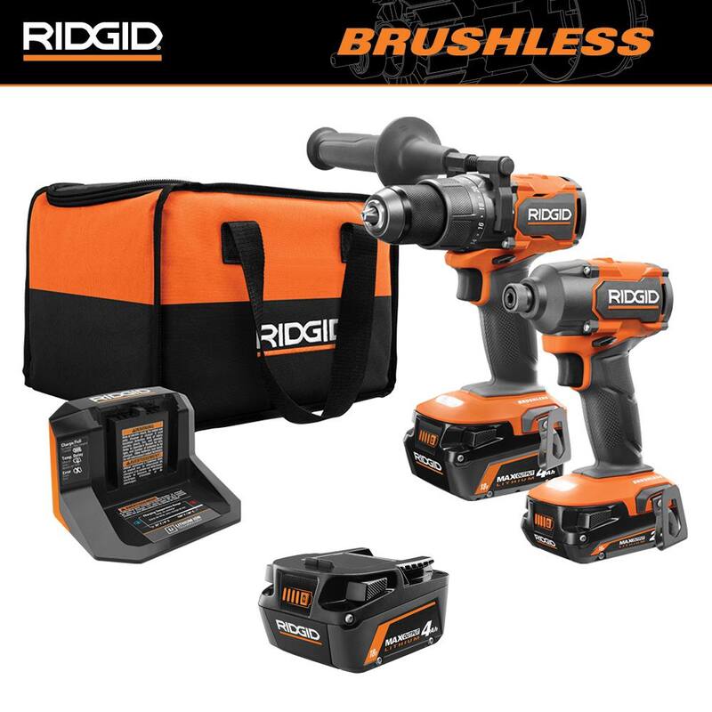 RIDGID 18V Juego de Combo Inalámbrico sin escobillas de 2 herramientas con martillo perforador, controlador de impacto, (3) baterías, cargador y bolsa - R9208-AC840040