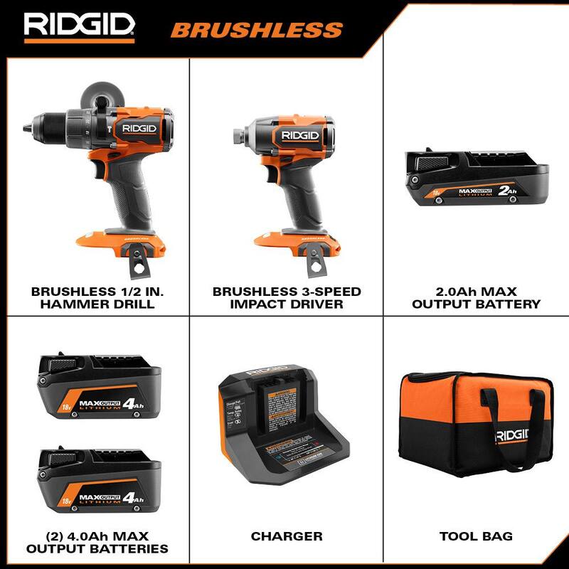 RIDGID 18V Juego de Combo Inalámbrico sin escobillas de 2 herramientas con martillo perforador, controlador de impacto, (3) baterías, cargador y bolsa - R9208-AC840040