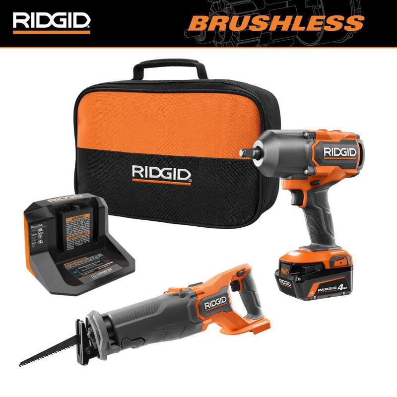 Juego de combo inalámbrico sin escobillas de 18V RIDGID con llave de impacto de alto torque, sierra de vaivén, batería de 4.0 Ah y cargador - R86212KN-R8647B