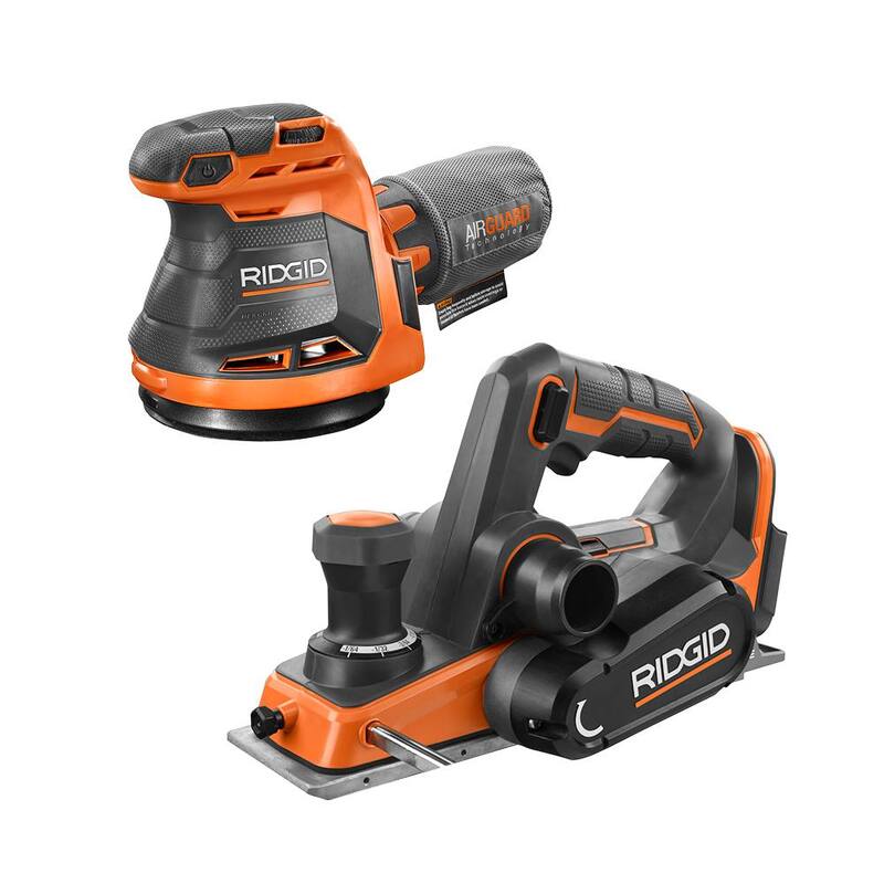 Juego de herramientas inalámbricas RIDGID de 18V con 2 herramientas, con cepillo de 3-1/4 pulgadas sin cable y bolsa de polvo, y lijadora orbital aleatoria de 5 pulgadas (solo herramientas) - R8481B-R8606B