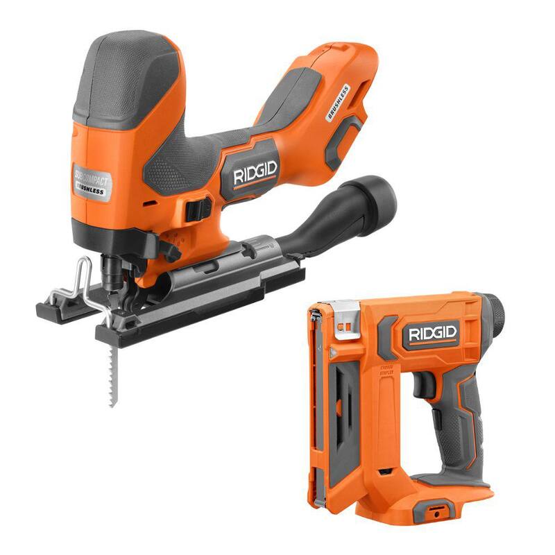 Kit combo inalámbrico de 2 herramientas RIDGID 18V con sierra caladora SubCompact Brushless Barrel Grip y engrapadora de corona de 3/8 pulgadas (solo herramientas)