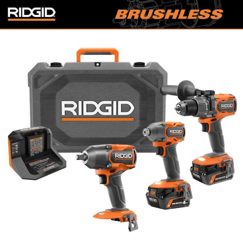 Juego de 2 herramientas RIDGID 18V Brushless con baterías MAX de 6.0 Ah y 4.0 Ah, cargador, estuche rígido y llave de impacto de 1/2 pulg. - R92082-R86012B