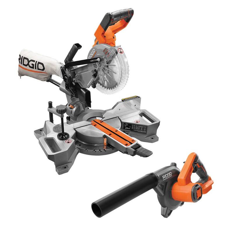Combo de 2 herramientas inalámbricas RIDGID 18V con sierra ingleteadora deslizante de bisel doble de 7-1/4 pulg. con motor sin escobillas y soplador compacto (herramientas solamente) - R48607B-R86043B