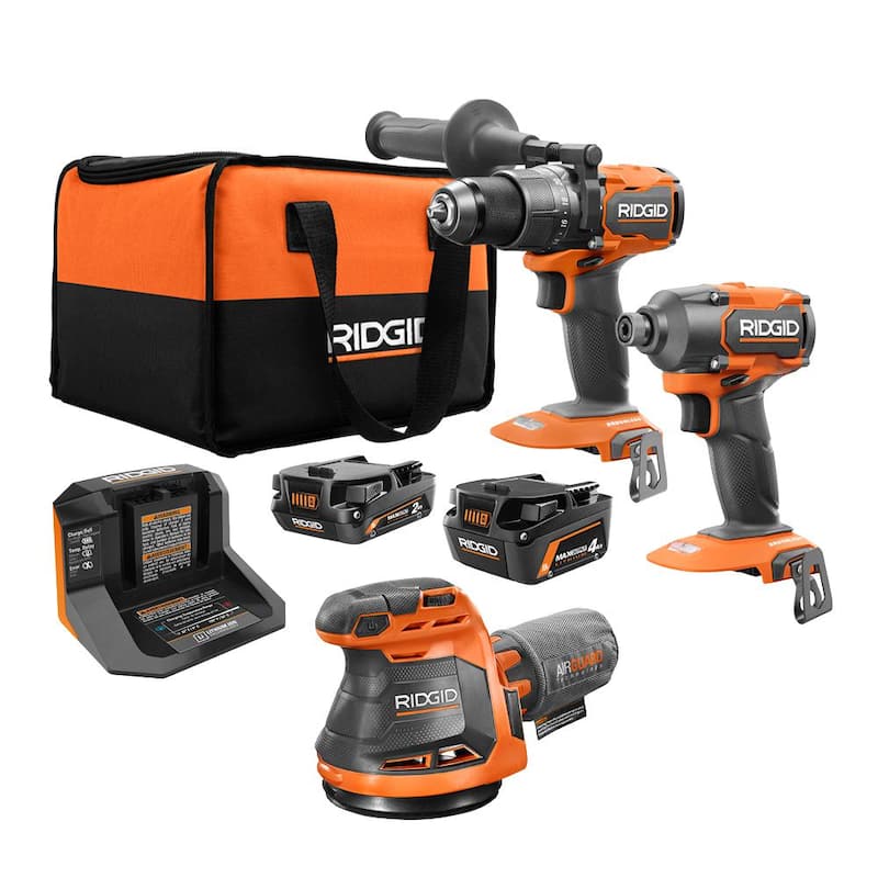 Juego de combo de 3 herramientas inalámbricas sin escobillas de 18V de RIDGID con taladro martillo, atornillador de impacto, lijadora de órbita aleatoria, baterías, cargador y bolsa - R9208-R8606B