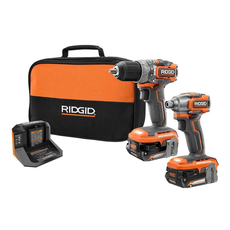 Juego combo de 2 herramientas RIDGID 18V SubCompact Brushless con taladro de martillo de 1/2 pulgada, controlador de impacto de 1/4 de pulgada, (2) baterías, cargador, bolsa - R8711K-R8723B
