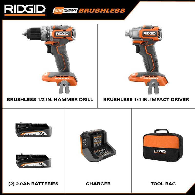 Juego combo de 2 herramientas RIDGID 18V SubCompact Brushless con taladro de martillo de 1/2 pulgada, controlador de impacto de 1/4 de pulgada, (2) baterías, cargador, bolsa - R8711K-R8723B