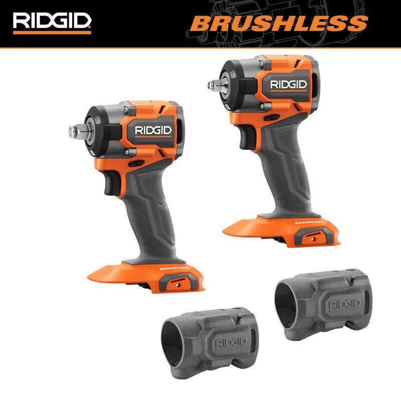 Kit Combo de 2 herramientas inalámbricas subcompactas sin escobillas RIDGID de 18V con llaves de impacto de 3/8 y 1/2 pulgadas y botas protectoras (solo herramientas) - R872071B-R872081B-AC13B04N-AC13B04N