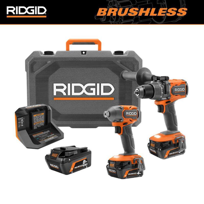 Juego de Combo de 2 Herramientas RIDGID 18V sin Escobillas con Baterías de Salida Máxima de 6.0 Ah y 4.0 Ah, Cargador, Estuche Rígido y Batería de Salida Máxima de 8.0 Ah - R92082-AC840080