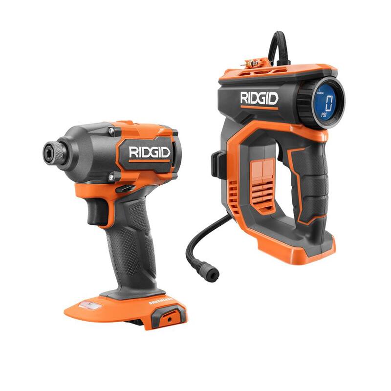 Kit combo inalámbrico de 2 herramientas RIDGID 18V con controlador de impacto sin escobillas de 3 velocidades de 1/4 de pulgada y inflador digital inalámbrico (solo herramientas) - R862311B-R87044
