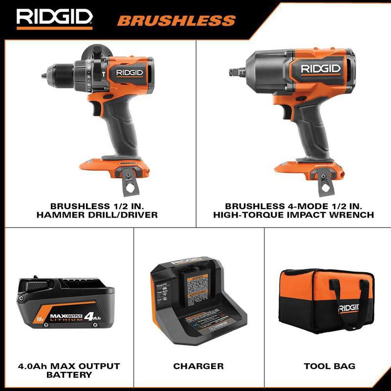 Juego de combo inalámbrico Brushless de 18V RIDGID con llave de impacto de alto torque, taladro percutor/conductor, batería de 4.0 Ah y cargador - R86212KN-R86115B