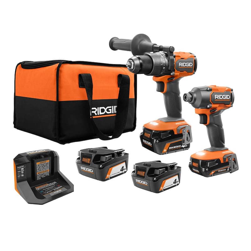 Juego de herramientas combo inalámbrico sin escobillas de 18V RIDGID con taladro de martillo, atornillador de impacto, (2) baterías de 4.0 Ah, cargador y bolsa - R9208-AC87004P