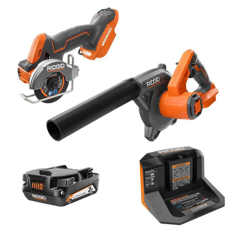 Juego de soplador compacto RIDGID de 18V con batería de 2.0 Ah y cargador con sierra inalámbrica SubCompact Brushless de 3 pulgadas para materiales múltiples - R86043KSBN-R87547B