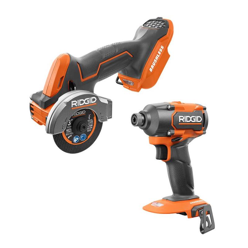 Kit combinado inalámbrico con motor sin escobillas de 18V de RIDGID que incluye un controlador de impacto de 1/4 de pulgada con 3 velocidades y una sierra multi-material de 3 pulgadas (Solo herramientas) - R862311B-R87547B