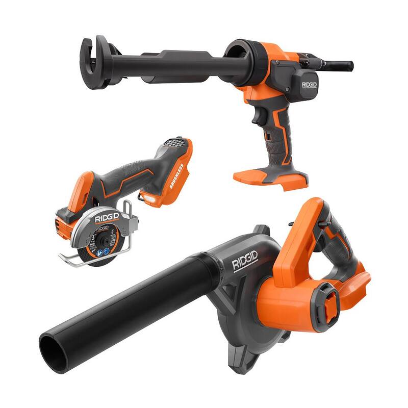 Juego de herramientas inalámbricas RIDGID de 18V de 3 piezas con sierra multi-material SubCompact sin escobillas, pistola de calafateo y soplador compacto para sitios de trabajo (solo herramientas) - R87547B-R84044B-R86043B