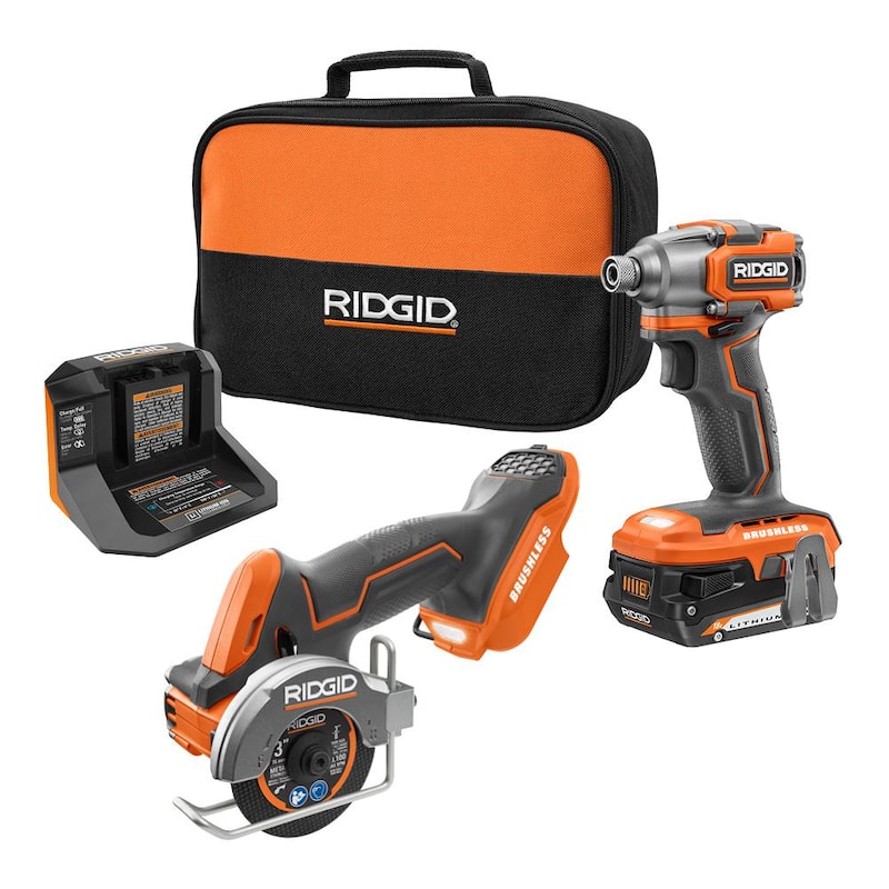 Juego de combos inalámbricos sin escobillas RIDGID de 18V SubCompact de 2 herramientas con taladro de impacto, sierra multi-material, batería de 2.0 Ah, cargador y bolsa - R8723K-R87547B.