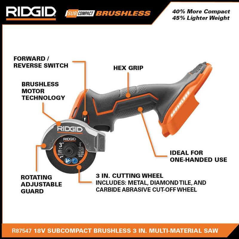 Juego de combos inalámbricos sin escobillas RIDGID de 18V SubCompact de 2 herramientas con taladro de impacto, sierra multi-material, batería de 2.0 Ah, cargador y bolsa - R8723K-R87547B.
