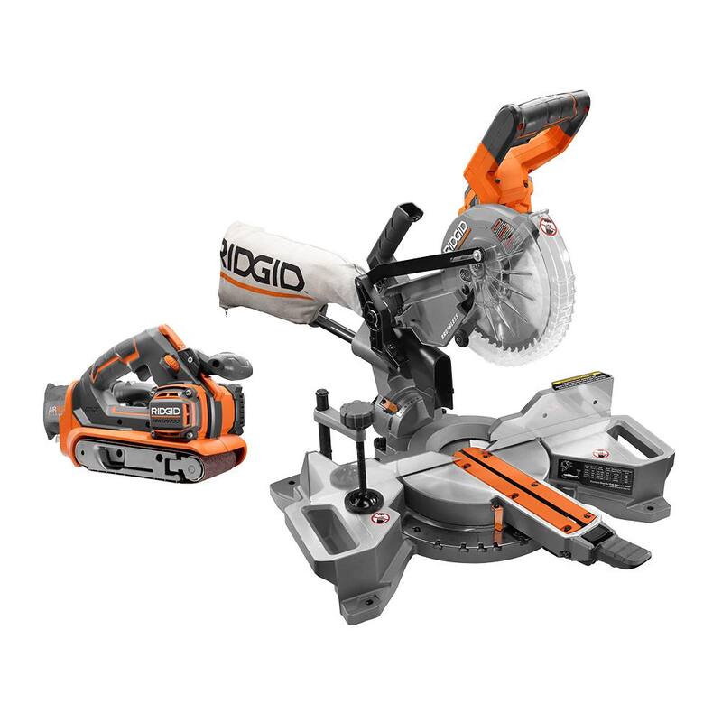 Juego de combinación inalámbrico sin escobillas de 18V de RIDGID con sierra ingletadora deslizante de bisel doble de 7-1/4 pulgadas y lijadora de banda (solo herramientas) - R48607B-R86065B