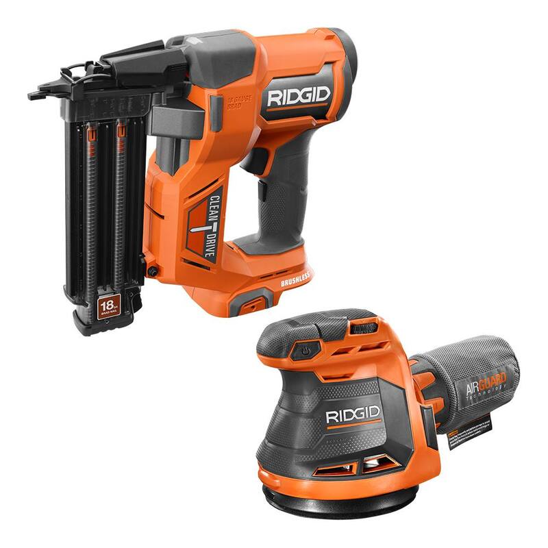 Clavadora inalámbrica sin escobillas de 18V RIDGID de calibre 18 de 2-1/8 pulgadas con Lijadora Orbital Aleatoria inalámbrica de 5 pulgadas de 18V (Herramientas solamente) - R09891B-R8606B