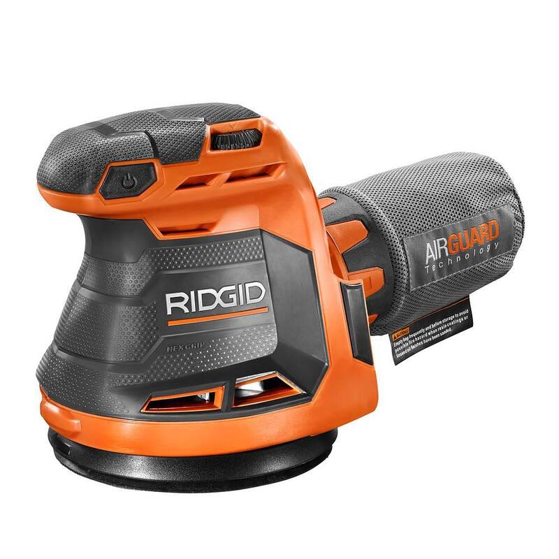 Clavadora inalámbrica sin escobillas de 18V RIDGID de calibre 18 de 2-1/8 pulgadas con Lijadora Orbital Aleatoria inalámbrica de 5 pulgadas de 18V (Herramientas solamente) - R09891B-R8606B