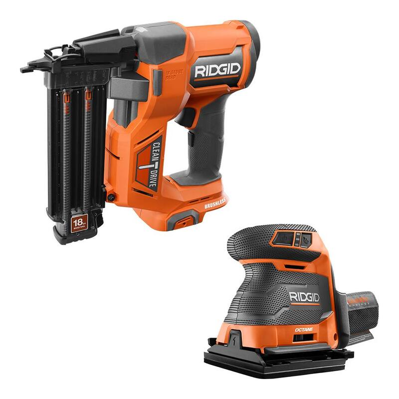 Clavadora inalámbrica sin escobillas RIDGID de 18V de calibre 18 de 2-1/8 pulgadas con lijadora de hoja de 1/4 sin escobillas OCTANE de 3 velocidades (solo herramientas) - R09891B-R86064B