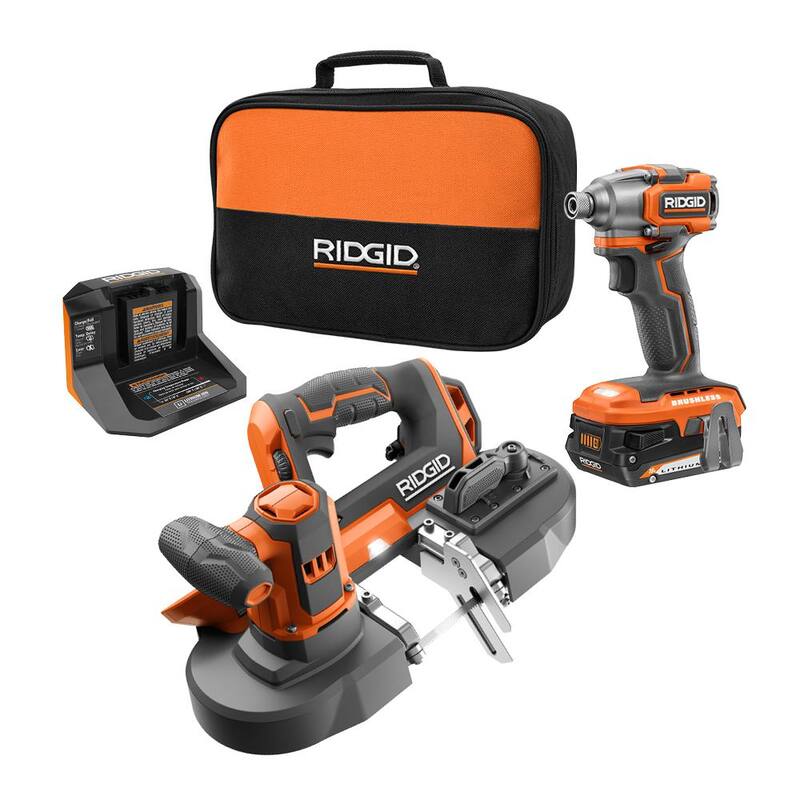 Kit de combo inalámbrico RIDGID de 18V con 2 herramientas, incluye un Driver de Impacto Brushless SubCompact, Sierra de Banda Compacta, batería de 2.0 Ah, cargador y bolsa - R8723K-R8604B
