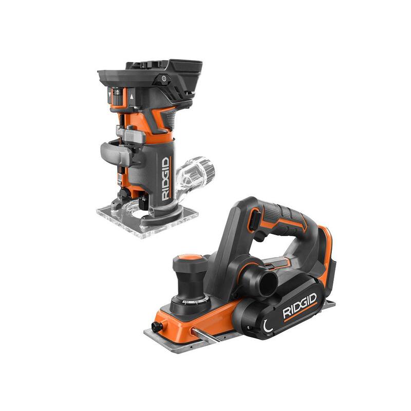 Paquete combinado de 2 herramientas inalámbricas sin escobillas RIDGID de 18V con cepillo para mano de 3-1/4 pulgadas con bolsa de polvo y router de base fija compacto (solo herramientas) - R8481B-R860443B